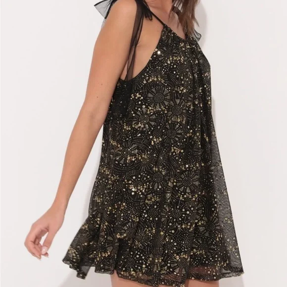 LUCY IN THE SKY Zoe Shoulder Tie Dress in Shimmer Black LUCY IN THE SKY Zoe Shoulder Tie Dress in Shimmer Black